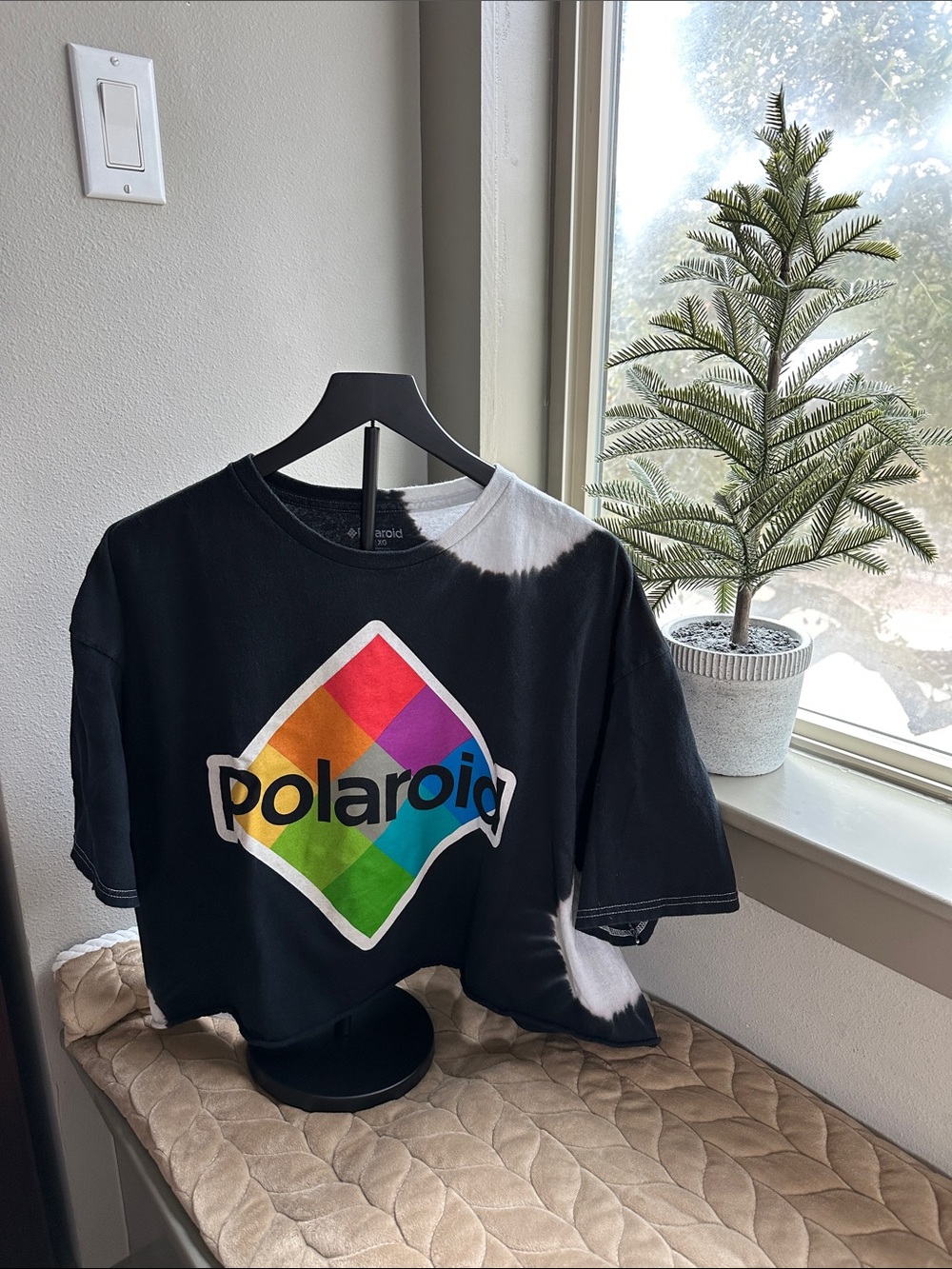 Polaroid Black Tie-Dye Logo Crop Tee with Rainbow Graphic